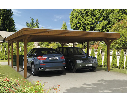 Doppelcarport SKAN HOLZ Spessart inkl. Pfostenanker 611 x 846 cm nussbaum Doppelcarport aus Holz mit zwei geparkten Autos