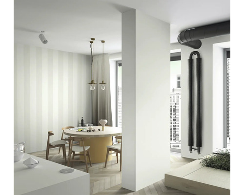 Heller Raum mit Esstisch, Stühlen und einem schwarzen Heizkörper