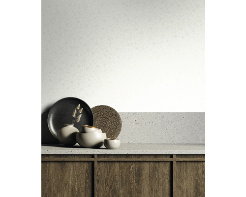 Vaisselle décorative sur un plan de travail en béton devant un mur