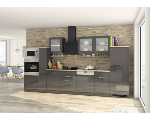 Küchenzeile mit Geräten Held Möbel Mailand 370 cm Frontfarbe grau Korpusfarbe graphit 602.1.6211