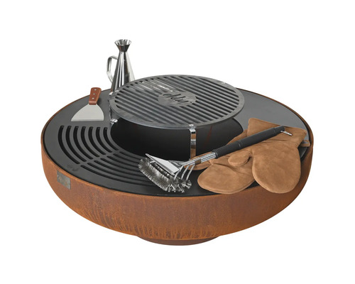 Foyer de grill avec grille de cuisson, brosse de gril, spatule, burette à huile et gants de barbecue