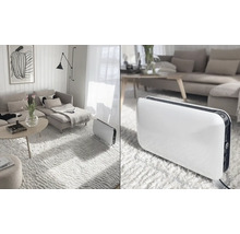 Salon avec chauffage, canapé, tapis et décoration pour une ambiance chaleureuse.