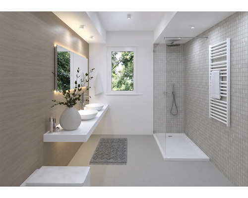 Salle de bains moderne avec lavabos, miroir, douche et radiateur