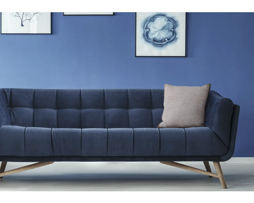Canapé bleu avec coussin devant un mur avec des tableaux