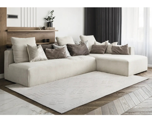 Helles Wohnzimmer mit Ecksofa, Kissen und gemustertem Teppich