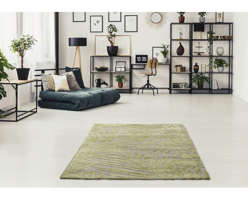 Salon avec tapis à motifs, canapé-lit et étagères