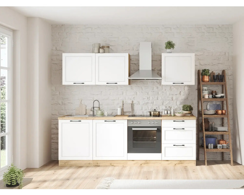 Cuisine lumineuse avec des armoires blanches, une hotte aspirante et des éléments décoratifs pour une ambiance moderne.