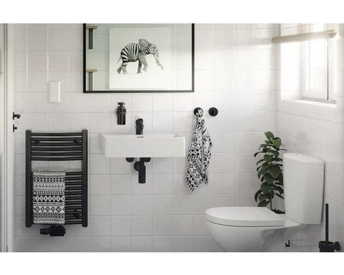 Salle de bain lumineuse avec lavabo, sèche-serviettes et toilettes.