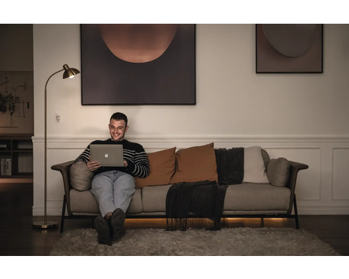 Un homme est assis avec un ordinateur portable sur un canapé dans un salon avec un lampadaire et une décoration murale