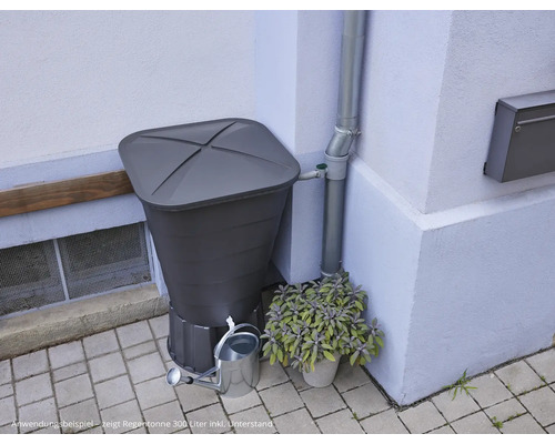 Regentonne mit Regensammler, Giesskanne und Bepflanzung vor Hauswand