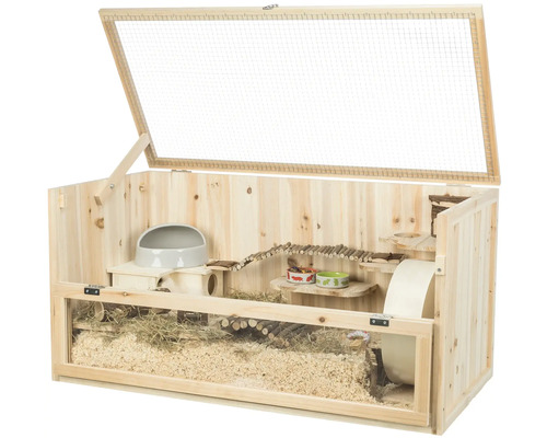 Cage en bois pour hamster avec accessoires tels que des maisons, des ponts et une roue d''exercice