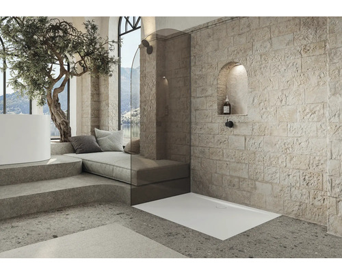 Salle de bains avec receveur de douche, paroi de douche en verre, baignoire, coin salon, maçonnerie et arbre