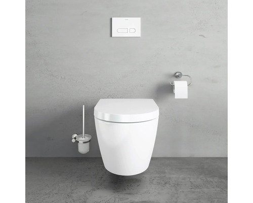 Scène avec des toilettes suspendues, un porte-brosse de toilette, un porte-papier toilette et une plaque de commande dans une salle de bain