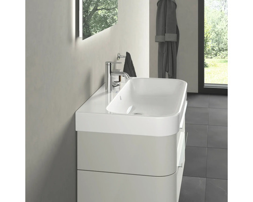 Meuble-lavabo de salle de bains avec vasque à poser blanche et robinetterie