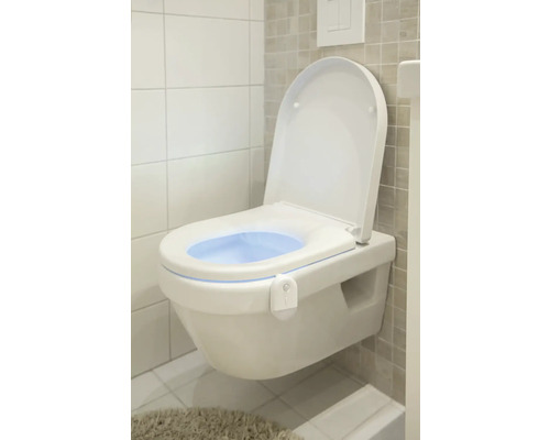 Wandhängendes WC mit geöffnetem Deckel und LED-Beleuchtung im Badezimmer.