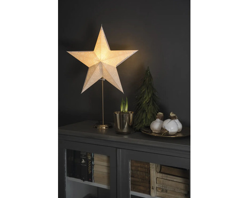 Scène décorative avec étoile lumineuse, bulbes et petit sapin sur une armoire