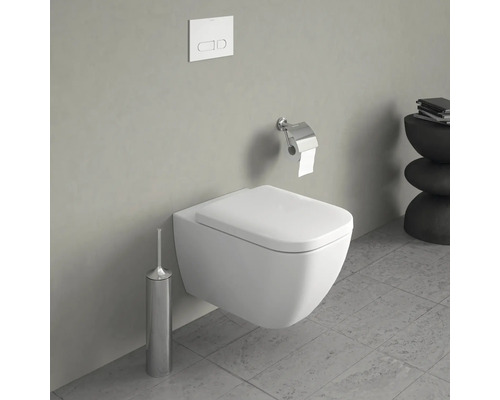 Scène avec des toilettes suspendues, une brosse de toilette et un porte-papier hygiénique