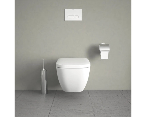 WC suspendu avec plaque de commande, porte-papier toilette et brosse de toilette