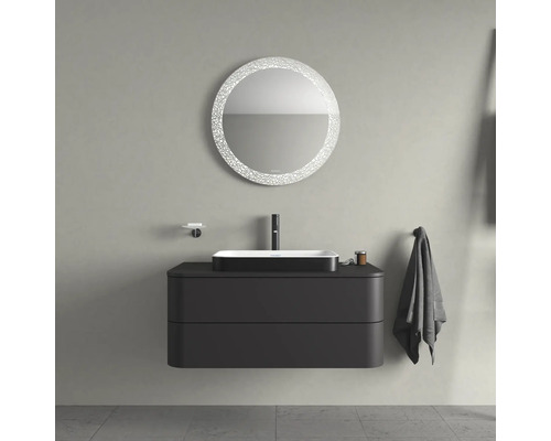 Salle de bains avec meuble sous-vasque, lavabo à poser et miroir rond