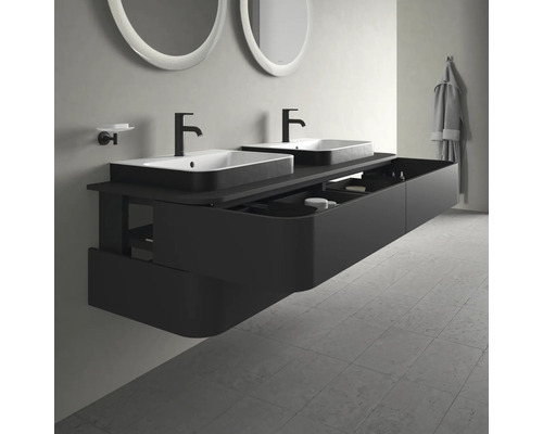 Salle de bains moderne avec double vasque, meuble sous-vasque noir et miroirs ronds