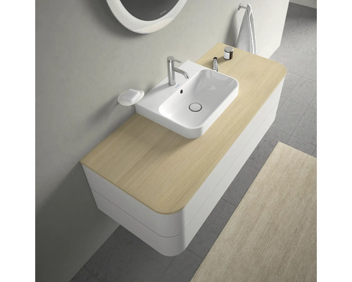 Meuble-lavabo de salle de bains avec lavabo à poser et plan de travail en bois