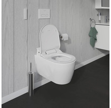 Szene eines Badezimmers mit einem wandhängenden Dusch-WC, einer Fernbedienung, einer Betätigungsplatte, einem Toilettenpapierhalter, einer WC-Bürste und einem Waschbecken