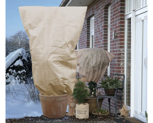 Scène extérieure hivernale avec des plantes recouvertes de non-tissé de protection des plantes