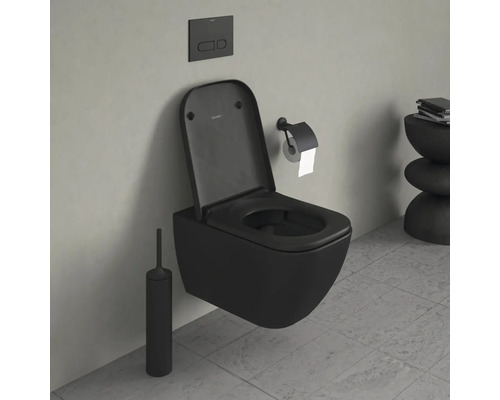 WC suspendu noir avec abattant ouvert, plaque de commande et brosse WC