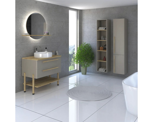 Salle de bain lumineuse avec meuble-lavabo, miroir avec éclairage, étagère et plante