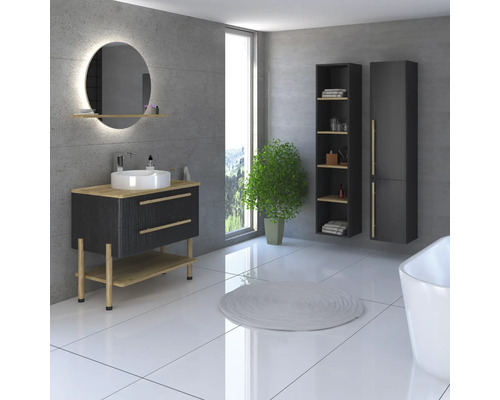 Salle de bain moderne avec lavabo, miroir, armoire et plante.