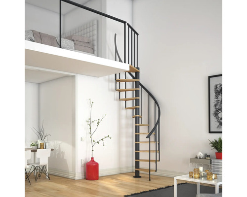 Intérieur avec escalier en colimaçon en acier et en bois menant à un espace de couchage surélevé