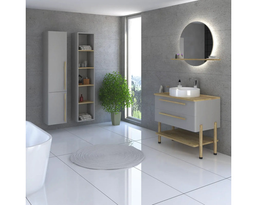 Salle de bain lumineuse avec lavabo, miroir, armoire et plante