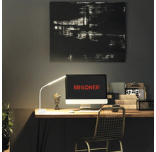 Arbeitszimmer mit Schreibtisch, Computer, Schreibtischlampe und Dekorationsartikeln