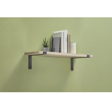 Holzregal mit Metallhalterungen, Büchern und Dekoration an der Wand