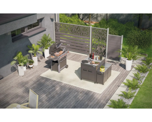 Scène avec barbecue, cuisine extérieure et pare-vue sur une terrasse.