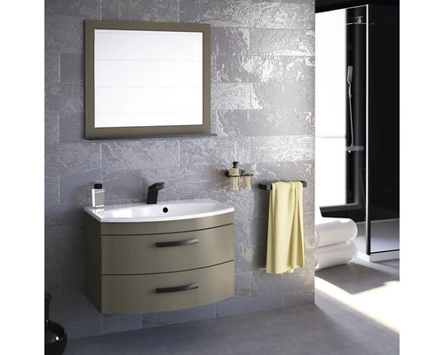 Modernes Badezimmer mit Waschbeckenunterschrank, Spiegel und Dusche