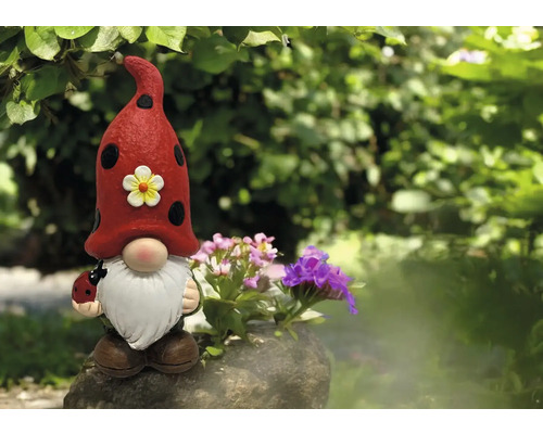 Nain de jardin avec coccinelle et fleurs comme décoration