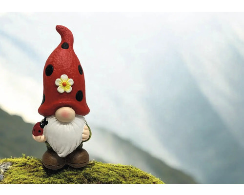 Nain de jardin avec bonnet rouge et coccinelle à la main