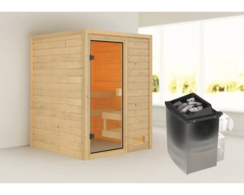 Sauna en bois massif Karibu Sandra avec poêle 9 kW et commande intégrée sans couronne avec porte entièrement vitrée couleur bronze