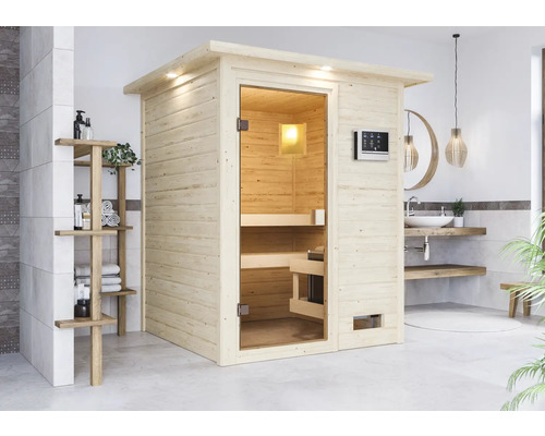 Sauna en madriers Karibu Sandra avec poêle 9 kW et commande ext. avec couronne et porte entièrement vitrée couleur bronze