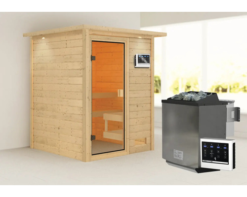 Sauna en madriers Karibu Sandra avec poêle bio 9 kW et commande ext. avec couronne et porte entièrement vitrée couleur bronze