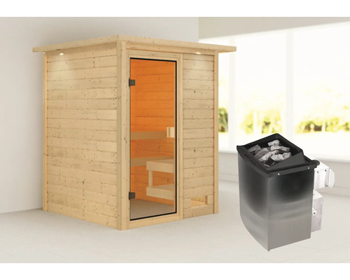 Sauna en madriers Karibu Sandra avec poêle 9 kW et commande intégrée avec couronne et porte entièrement vitrée couleur bronze