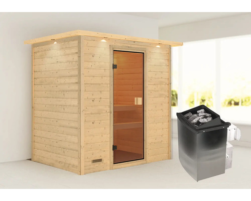 Sauna en bois massif Karibu Selena avec poêle 9 kW et commande intégrée avec couronne et porte entièrement vitrée couleur bronze