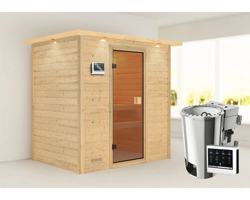 Sauna Plug & Play Karibu Selena avec poêle bio 3,6 kW avec commande ext. avec couronne et porte entièrement vitrée couleur bronze