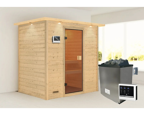 Sauna en madriers Karibu Selena avec poêle 9 kW et commande ext. avec couronne et porte entièrement vitrée couleur bronze