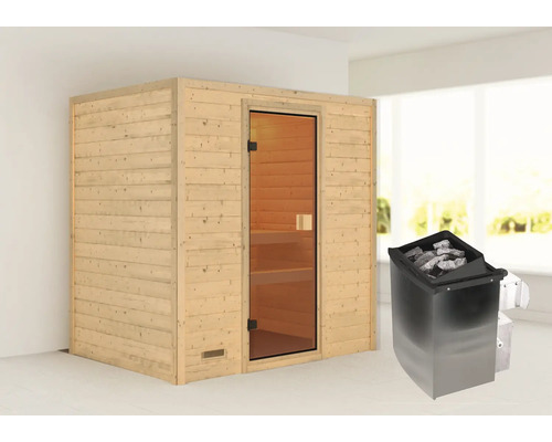 Sauna en bois massif Karibu Selena avec poêle 9 kW et commande intégrée sans couronne avec porte entièrement vitrée couleur bronze