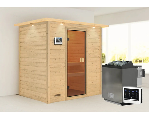 Sauna en madriers Karibu Selena avec poêle bio 9 kW et commande ext. avec couronne et porte entièrement vitrée couleur bronze