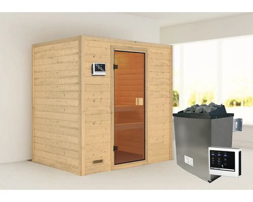 Sauna en bois massif Karibu Selena avec poêle 9 kW et commande externe sans couronne avec porte entièrement vitrée couleur bronze