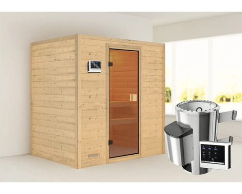 Sauna Plug & Play Karibu Selena avec poêle 3,6 kW avec commande ext. sans couronne avec porte entièrement vitrée couleur bronze