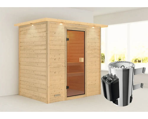 Sauna Woodfeeling Selena inkl.3,6 kW Ofen u.integr.Steuerung mit Dachkranz und bronzierter Ganzglastüre